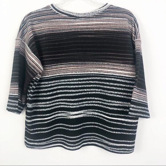 BOBEAU | Striped Short Sleeve Top Black Brown M - Picture 6 of 6